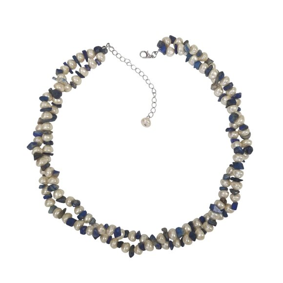 Pearls & Lapis Lazuli Choker Necklace Baroque Freshwater Pearls and Lapis Chips - Picture 2 of 10